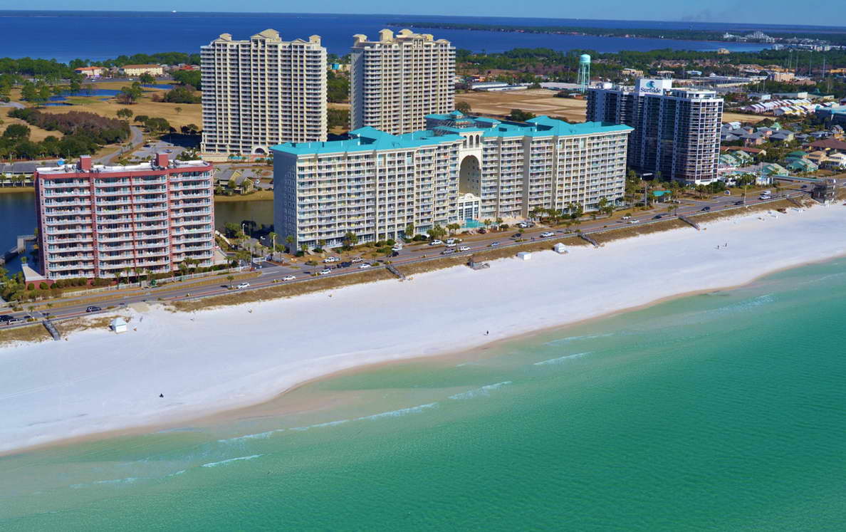 view from an airplane of the beachfront condos at seascape in Destin Florida